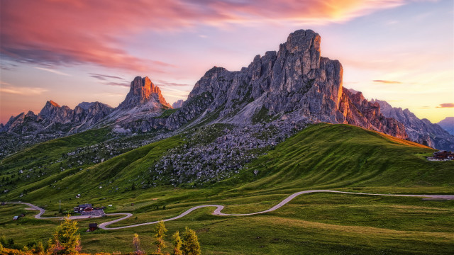 Mountain winding road sunset house free wallpaper for desktop - medium preview image