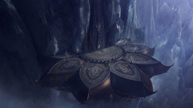 Futuristic cave waterfall bird fantasy free wallpaper for desktop - medium preview image