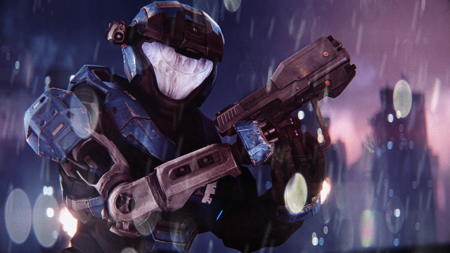 Futuristic man rain city night free wallpaper for desktop - medium preview image