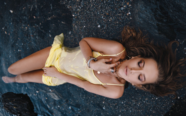 Woman yellow dress lying moonlight free wallpaper for desktop - medium preview image