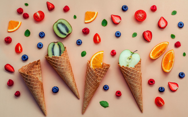 Three ice cream cones fruit free wallpaper for desktop - medium preview image