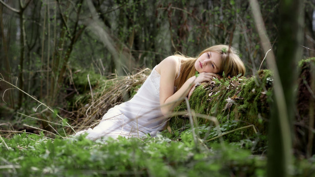 Woman lying woods dreamlike white free wallpaper for desktop - medium preview image