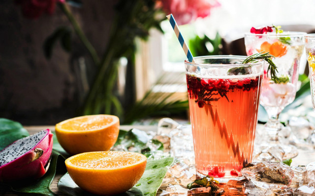 Table glasses fruit leaves food free wallpaper for desktop - medium preview image