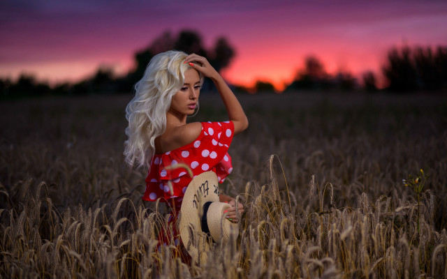 Woman red white dress wheat free wallpaper for desktop - medium preview image
