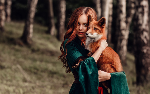 Woman fox forest illustration fantasy free wallpaper for desktop - medium preview image