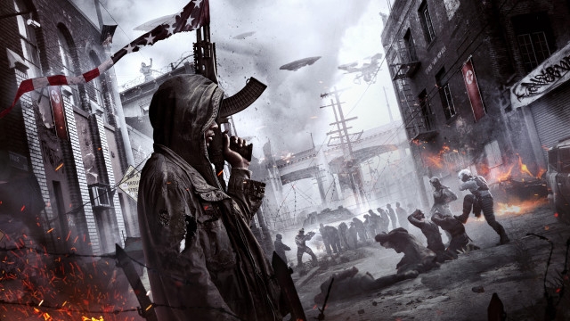 Hooded man street gun crowd free wallpaper for desktop - medium preview image