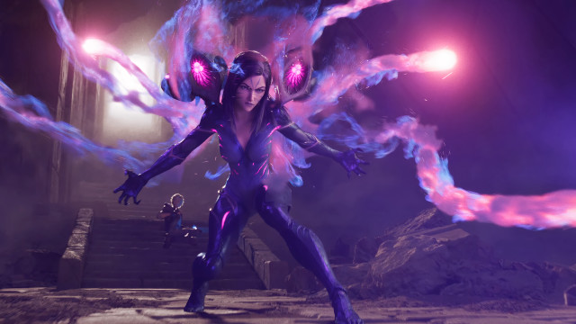 Futuristic suit purple flames staircase free wallpaper for desktop - medium preview image