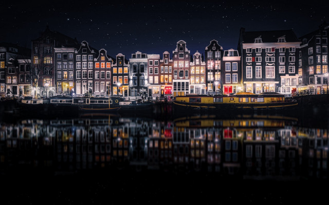 City night river lit buildings free wallpaper for desktop - medium preview image