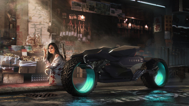 Woman motorcycle neon city night free wallpaper for desktop - medium preview image