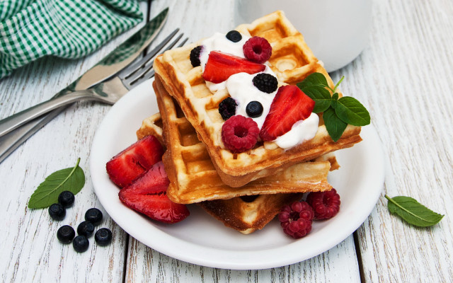 Waffles berries whipped cream coffee free wallpaper for desktop - medium preview image