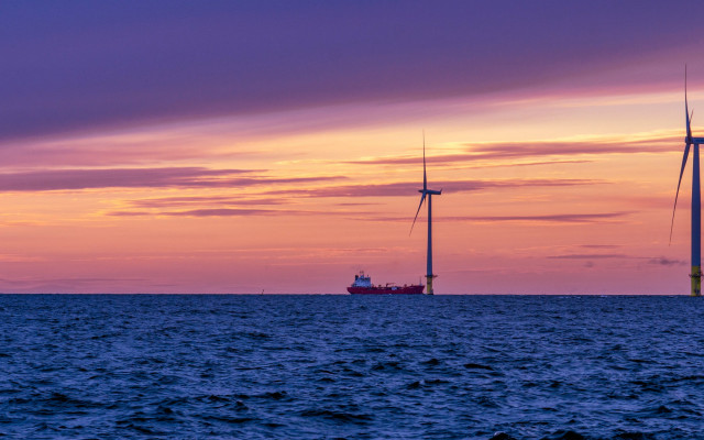 Boat wind farm sunset dock free wallpaper for desktop - medium preview image