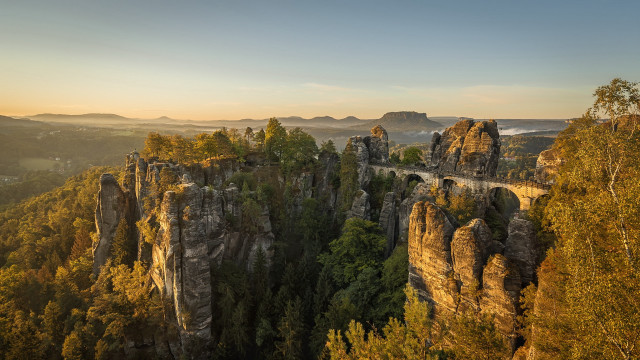 Mountain bridge trees sunset cityscape free wallpaper for desktop - medium preview image