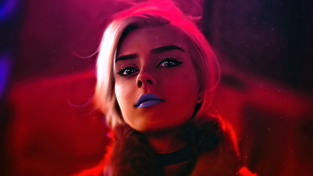 Pink hair cyberpunk starry sky free wallpaper for desktop - medium preview image