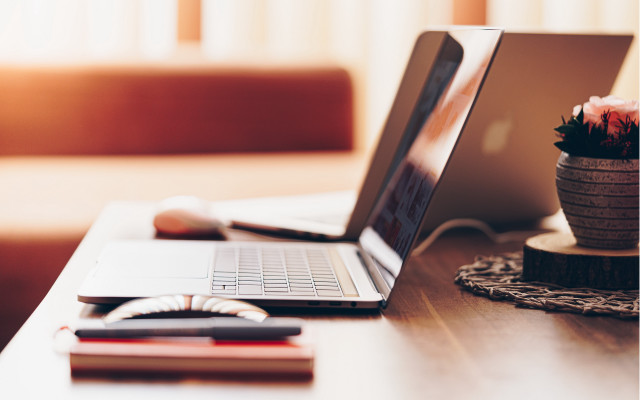 Laptop wooden desk flowerpot cellphone free wallpaper for desktop - medium preview image