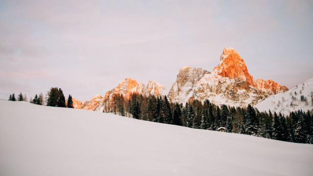 Snowy mountain trees sunset clouds free wallpaper for desktop - medium preview image