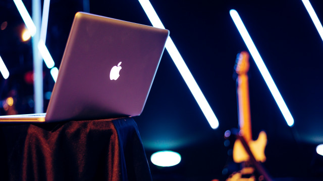 Laptop table room neon guitar free wallpaper for desktop - medium preview image