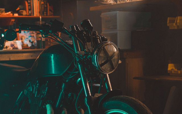 Motorcycle garage green light shelf free wallpaper for desktop - medium preview image