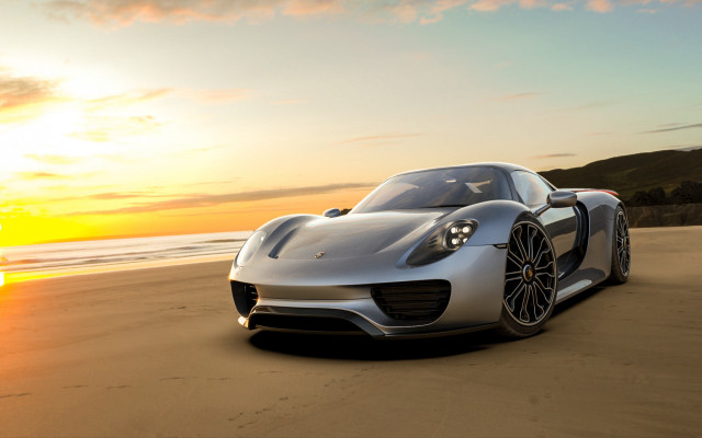 Silver sports car beach sunset #3 free wallpaper for desktop - medium preview image