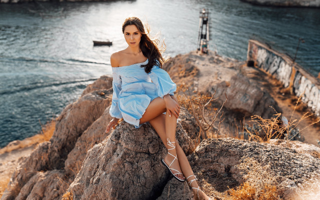 Woman blue dress rock water #2 free wallpaper for desktop - medium preview image