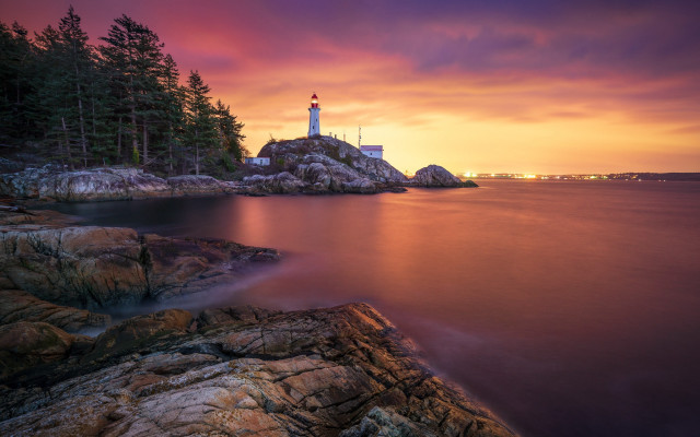 Lighthouse rocky shore sunset pink #3 free wallpaper for desktop - medium preview image