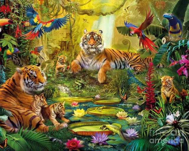 Tigers jungle birds flowers painting free wallpaper for desktop - medium preview image