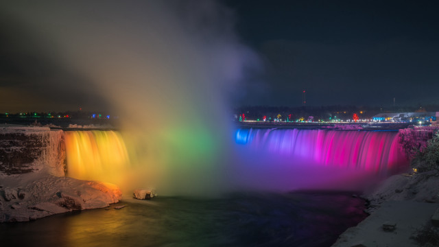Rainbow waterfall night city hologram free wallpaper for desktop - medium preview image