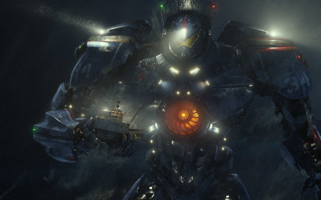 Robot glowingface darkwater ship cityscape free wallpaper for desktop - medium preview image