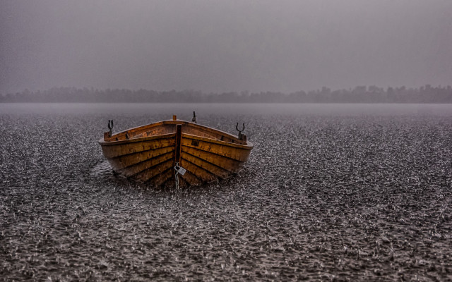 Boat foggy lake gravel trees free wallpaper for desktop - medium preview image