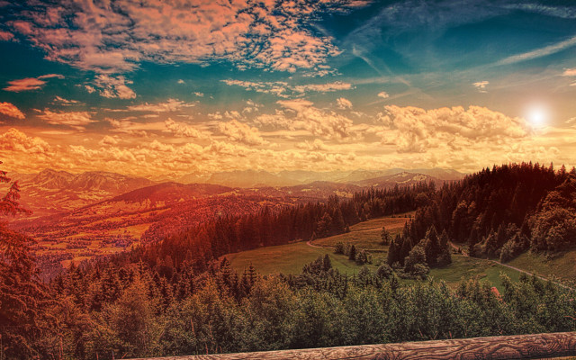 Mountain sunset bench landscape city free wallpaper for desktop - medium preview image