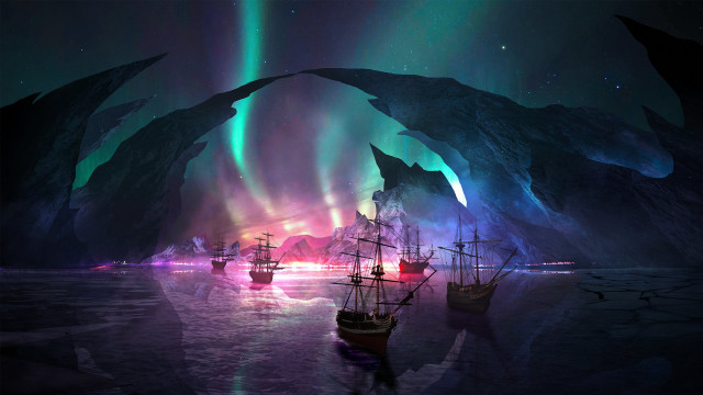 Ships ocean aurora city mountains free wallpaper for desktop - medium preview image