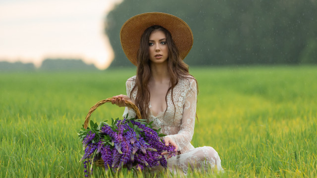 Woman hat field basket flower free wallpaper for desktop - medium preview image