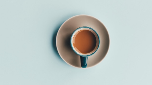 Coffee saucer spoon blue background free wallpaper for desktop - medium preview image
