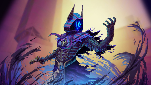 Horned man glowing sword purple free wallpaper for desktop - medium preview image