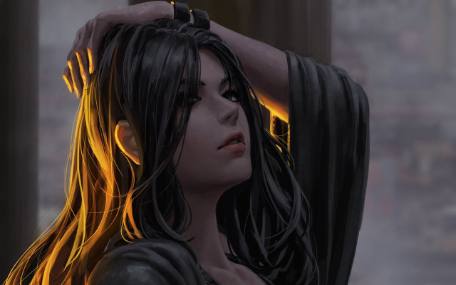 Woman black dress yellow lights free wallpaper for desktop - medium preview image