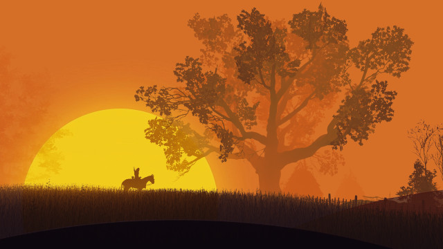 Horse rider field sunset tree free wallpaper for desktop - medium preview image