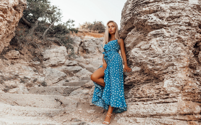Woman blue dress cliff bare free wallpaper for desktop - medium preview image
