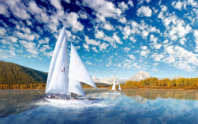 Sailboat lake mountains clouds sky free wallpaper for desktop - medium preview image