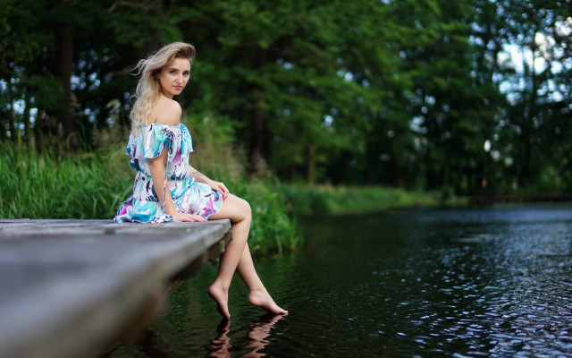 Woman dock water trees barefoot free wallpaper for desktop - medium preview image
