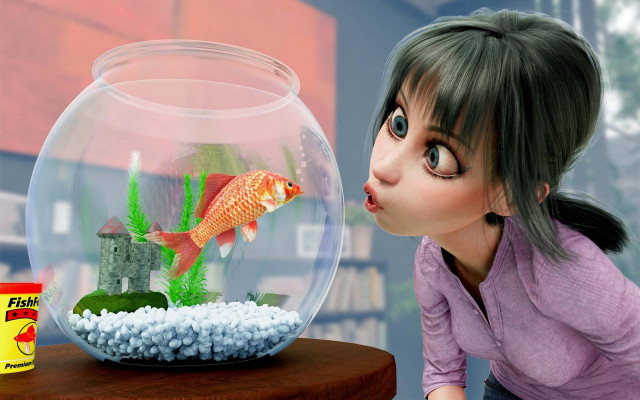 Woman fish bowl table blurry free wallpaper for desktop - medium preview image