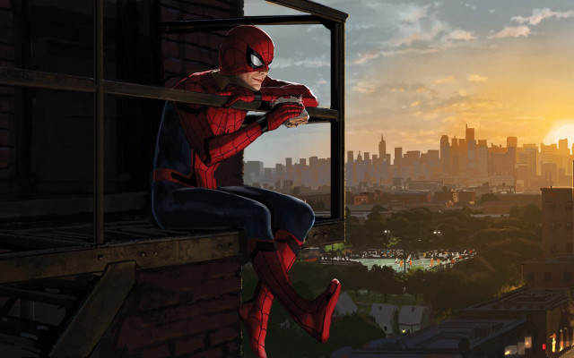 Spiderman sitting ledge city sunset free wallpaper for desktop - medium preview image