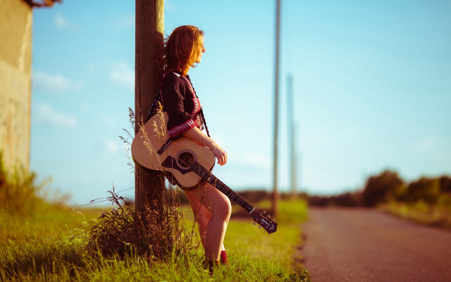 Woman guitar pole outdoors sunset free wallpaper for desktop - medium preview image