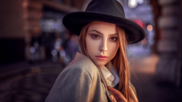 Woman longhair blackhat coat citynight free wallpaper for desktop - medium preview image