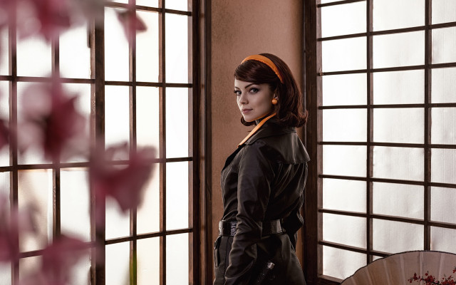 Woman black outfit window fan free wallpaper for desktop - medium preview image