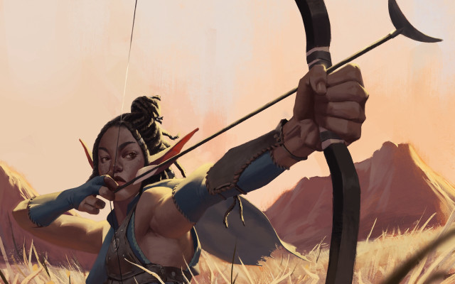 Woman archer mountains grass sunset free wallpaper for desktop - medium preview image