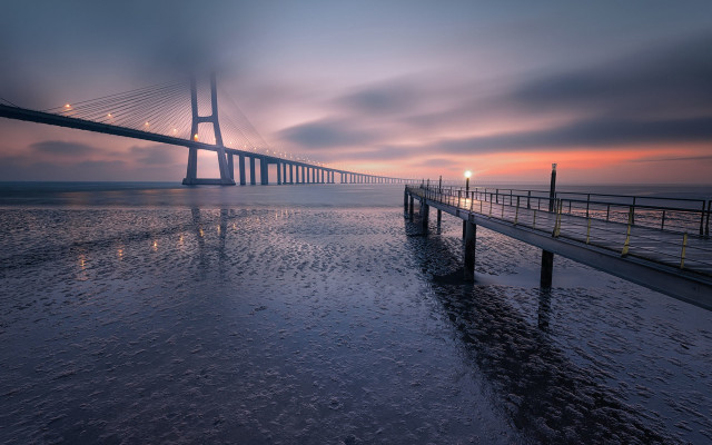 Bridge water light night fog free wallpaper for desktop - medium preview image
