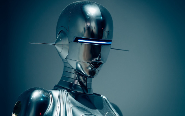 Robot blue light cyberpunk afrofuturism free wallpaper for desktop - medium preview image