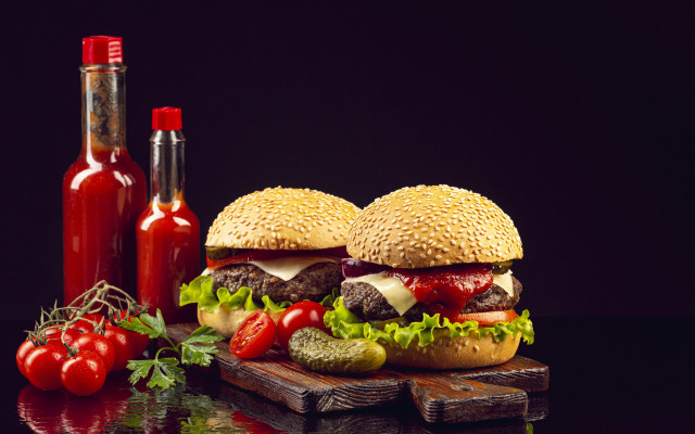 Hamburger tomatoes lettuce cheese sauces free wallpaper for desktop - medium preview image