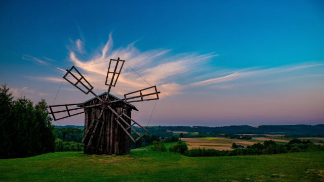 Windmill field sunset clouds blue free wallpaper for desktop - medium preview image
