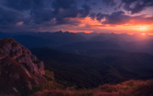 Sunset mountain range cityscape purple free wallpaper for desktop - medium preview image