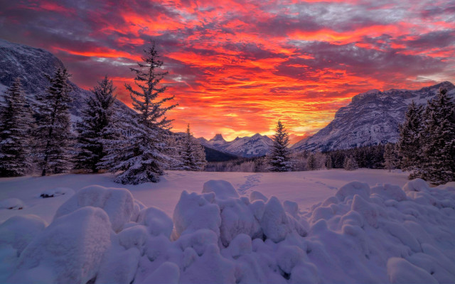 Sunset snowy mountain trees urban free wallpaper for desktop - medium preview image